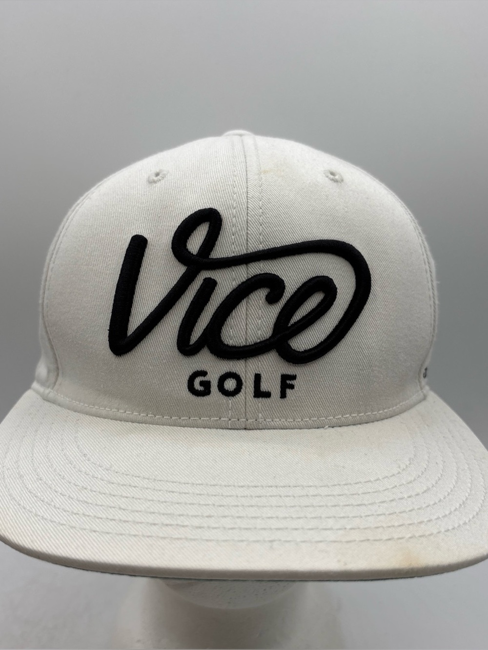 Vice Golf Crew Cap Men White Flat Bill Embroidered Script Logo SnapBack Hat OSFM